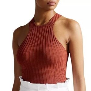 Ted Baker Women's Top Red Brown Halter Ribbed Knit Sz Medium